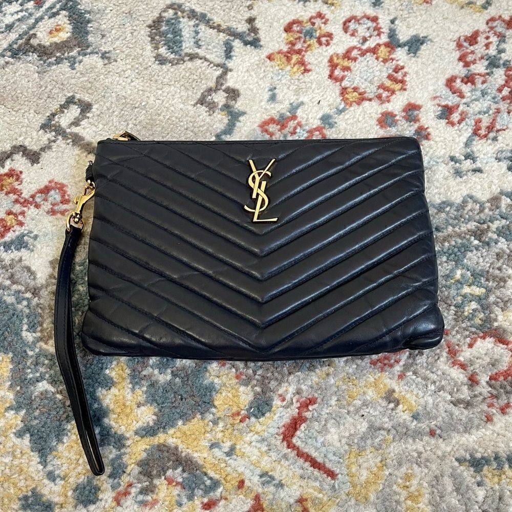 YSL Navy Matelasse Pouch Wristlet w/ GHW - Picture 2 of 7